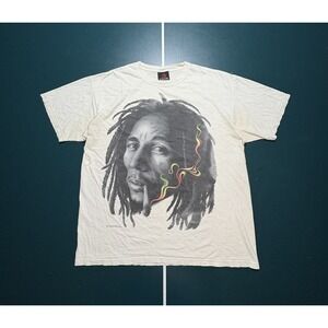 Vintage‎ Bob Marley Smoking T Shirt Men XL White Tee Band Concert AOP Y2K 2004